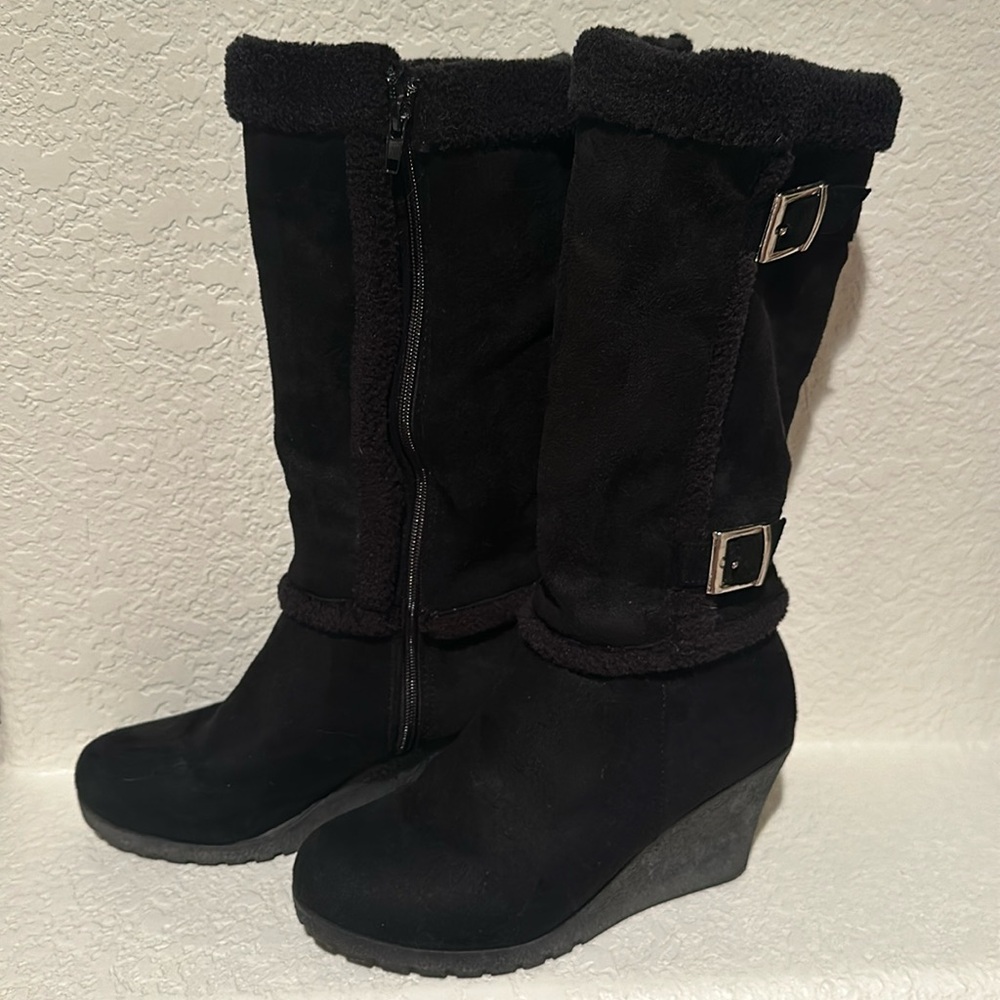 Tall Black Wedge Fur Boots
